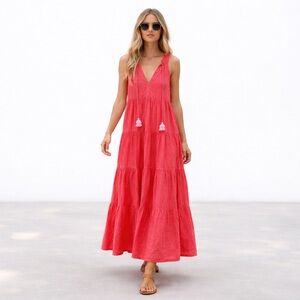 Omika Coral Embroidered Tassel Tie Tiered Maxi Dress Boho Resort Cotton S